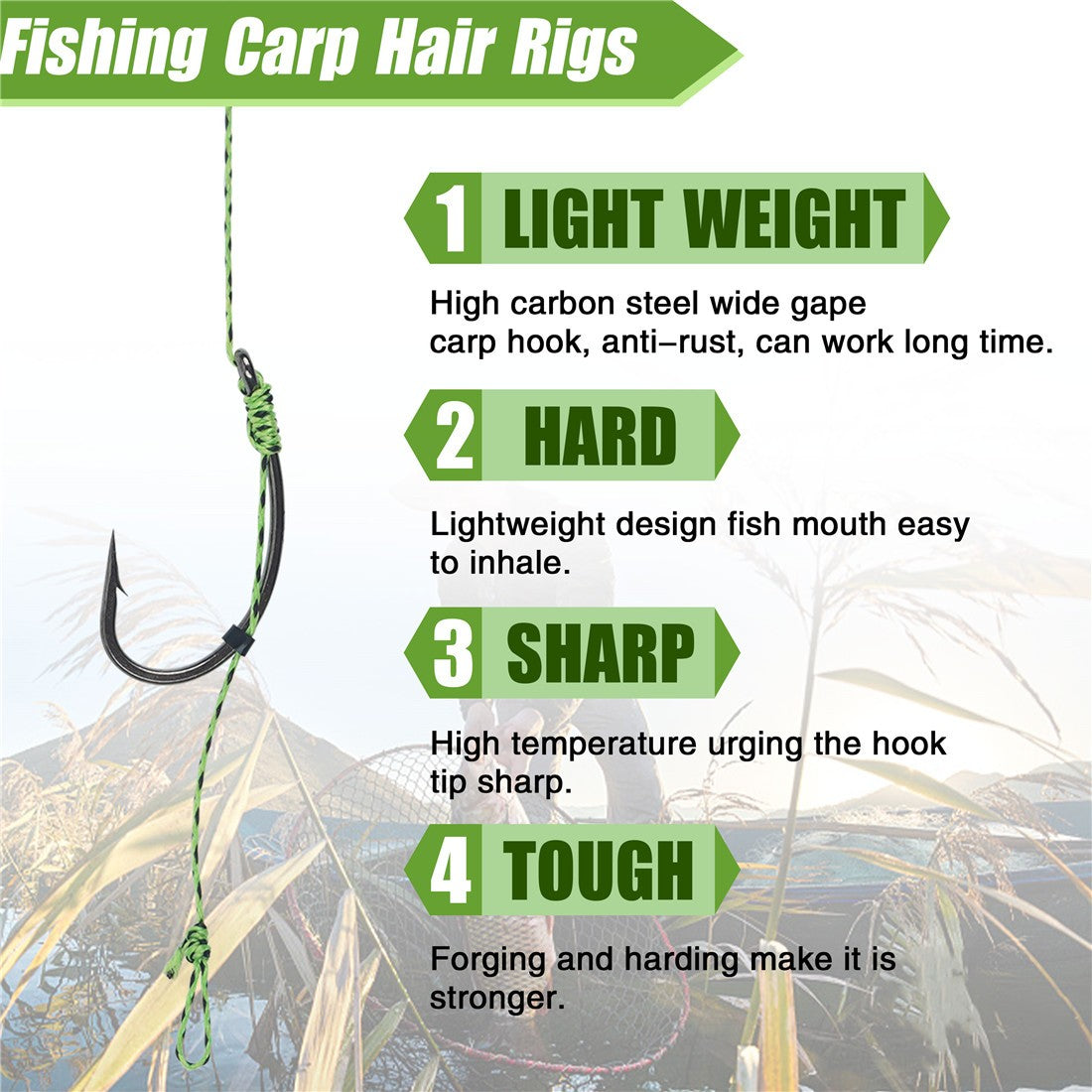 12 anzóis de pesca de carpa pré-amarrados com linha, para carpa, prontos para usar com iscas boilies, equipamento de pesca de carpa.