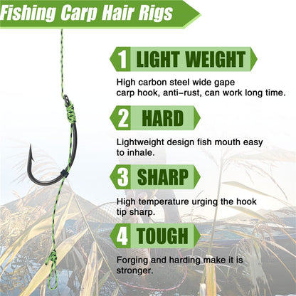 12 anzóis de pesca de carpa pré-amarrados com linha, para carpa, prontos para usar com iscas boilies, equipamento de pesca de carpa.