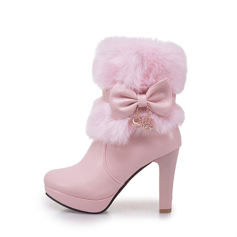 2025 New Fashion Womens Winter High Heel Boots Pink White Black Fur Tassel Bowtie Lovely Lolita Ladies Party Wedding Shoes