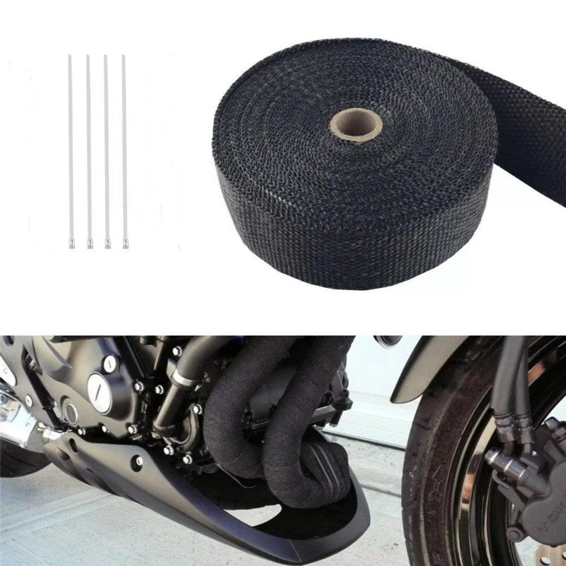 5M Roll Fiberglass Heat Shield Motorcycle Exhaust Thermal Tape Header Pipe Heat Wrap Tape Thermal Protection with Stainless Ties