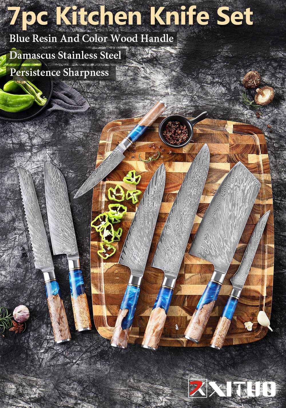 XITUO Kitchen Knives Set Damascus Steel VG10 Chef Knife Cleaver Paring Bread Knife Blue Resin Stabilised Wood Handle 1-7PCS set