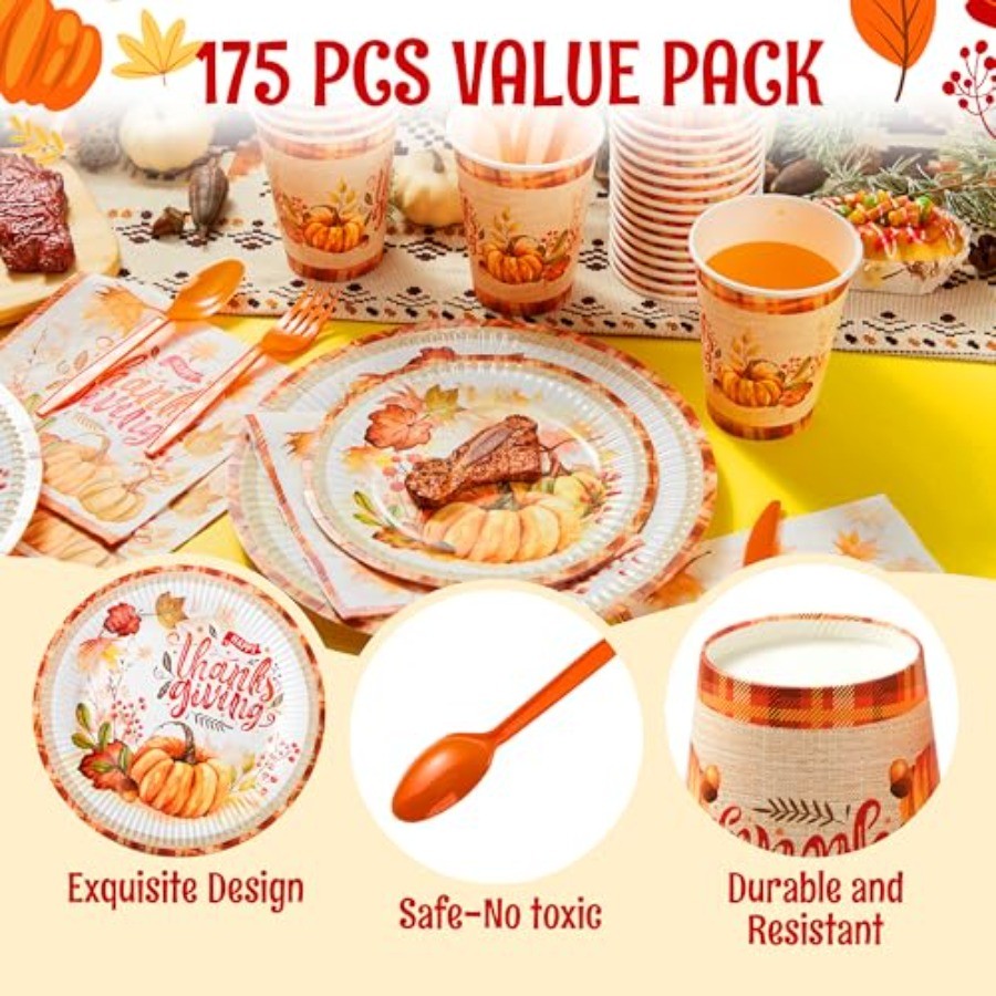 175 PCS Thanksgiving Disposable Paper Plates Paper Gold Disposable Dinnerware Set for Fall Harvest Thanksgiving Parties Ideal f