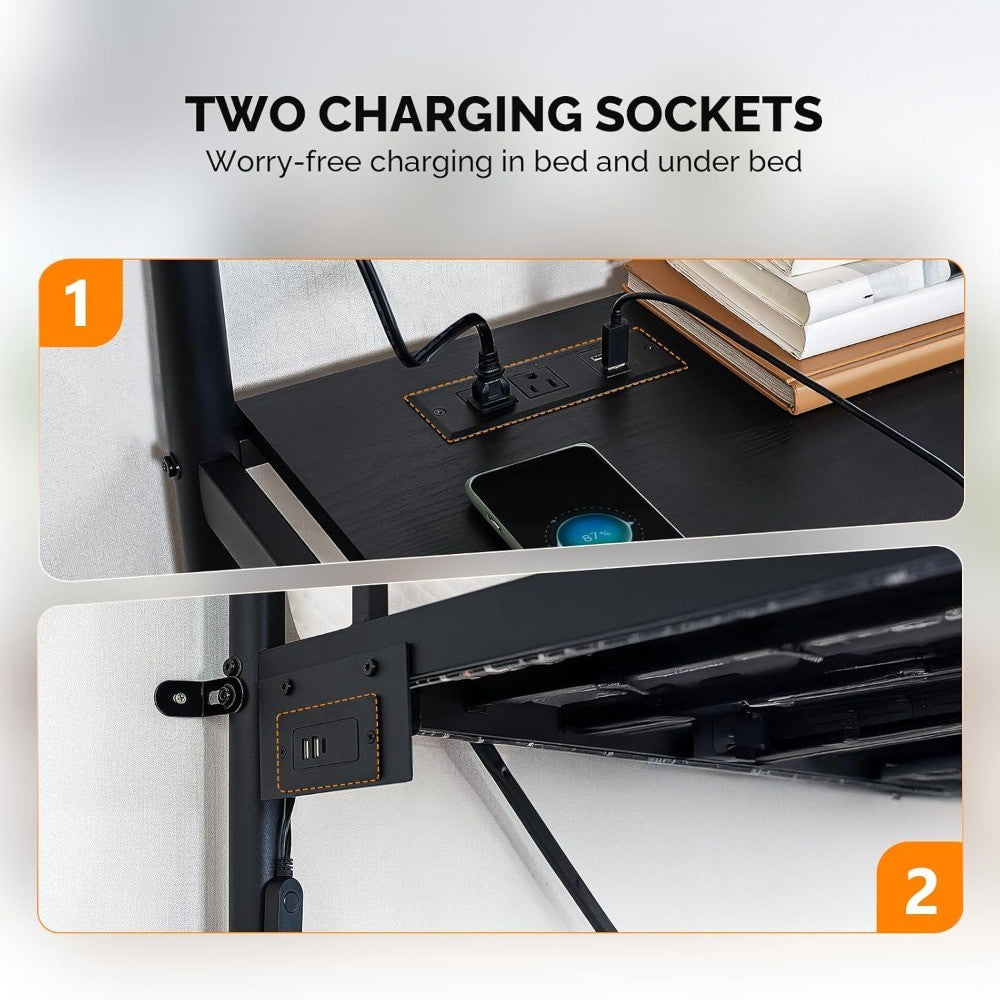Cama Loft de Metal Tamanho Completo com Escrivaninha Embutida, 2 Estações de Carregamento, Luzes LED e Grades de Proteção para Crianças, Adolescentes e Adultos