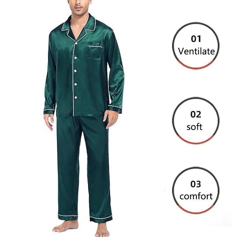 2PCS/Set Plus Size Solid Long-Sleeved Pyjamas Men Spring and Autumn Silk Sleepwear Homewear Cardigan Lapel Trousers Nightwear