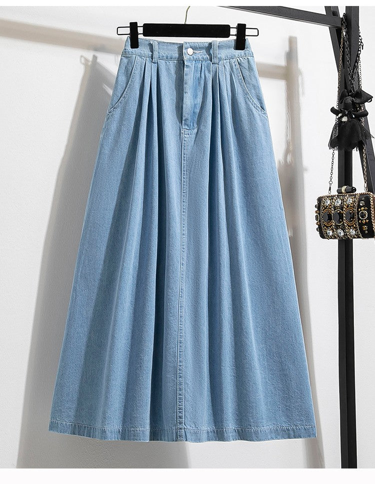 Plus Size Denim Skirt Women Summer 2025 New Korean Style High Waist A Line Pleated Long Jean Skirt Casual Women Maxi Skirt