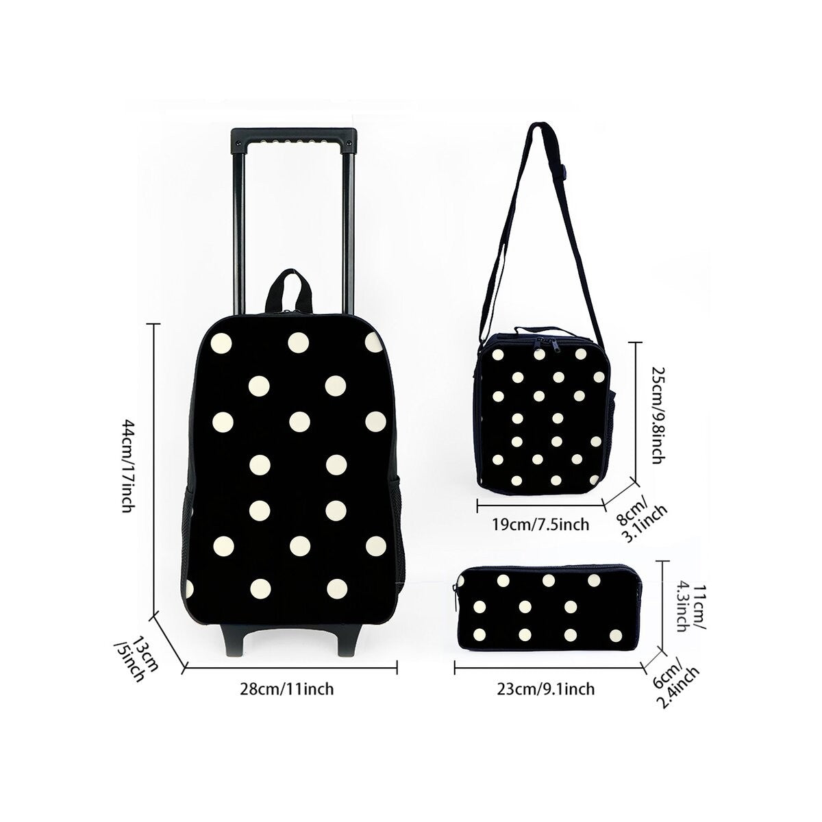 Polka Dots Print Wheeled Rolling Bag Set with Lunch Box Pen Bag with Wheels School Trolley Backpack Bag for Girl/Boys