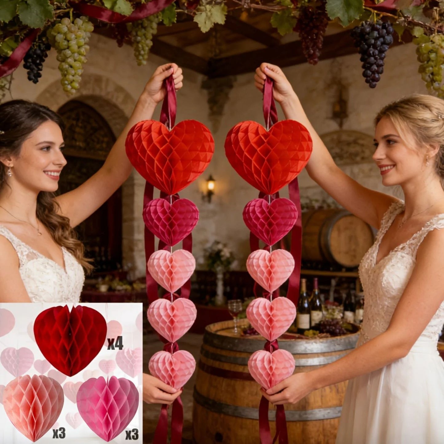 10 pcs Valentine's Day heart-shaped paper felt balls, party hanging ornaments, - red and pink honeycomb balls, wedding, birthday