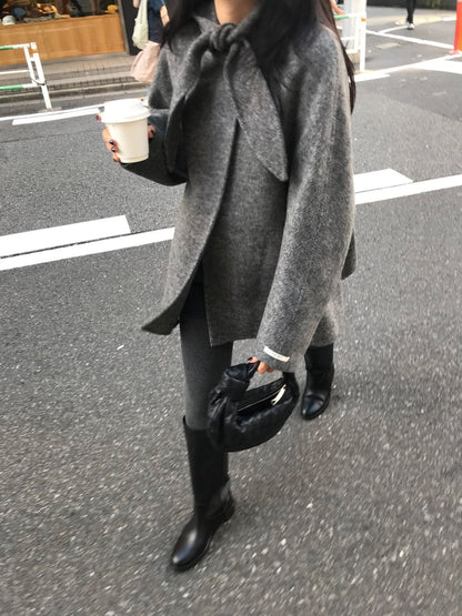 Korean Sle Woolen Coat Women's Chic Temperament Sweet Bow Tie Collar Hooded Warm Woolen Coat Long Sve Mid-Length