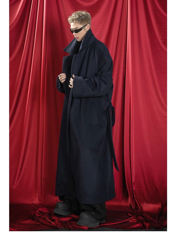 Mauroicardi Autumn Winter Oversized Extra Long Warm Navy Blue Wool Blends Coat Men Loose Luxury Designer Woolen Overcoat 2024
