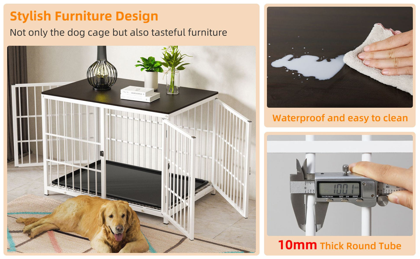 Caixa de Madeira Grande para Cães, Estilo Móvel Interno, Gaiola Elevada para Cães de Estimação, Canil, Mesa de Apoio, Cercado com Treliça, 3 Portas, Bandeja Removível