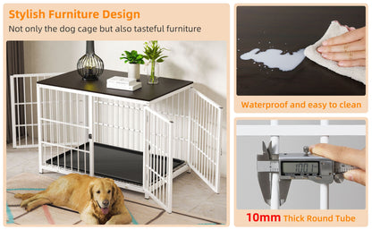 Caixa de Madeira Grande para Cães, Estilo Móvel Interno, Gaiola Elevada para Cães de Estimação, Canil, Mesa de Apoio, Cercado com Treliça, 3 Portas, Bandeja Removível