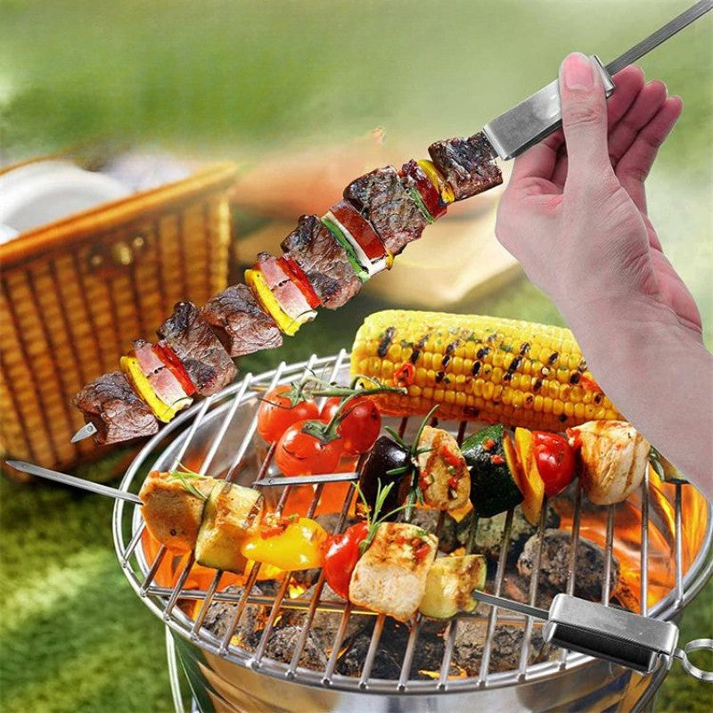 Stainless Steel BBQ Skewers – Flat Metal Kebob Sticks for Grilling Meat Vegetables, with Quick Release Metal Sliding Handle