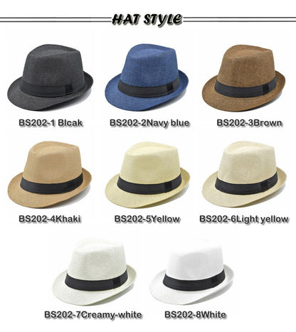 Fashion Unisex Women Men Straw Hat Ribbon Curling Brim Jazz Fedora Hat Panama Gangster Cap Outdoor Beach Parent-Child Sun Hats