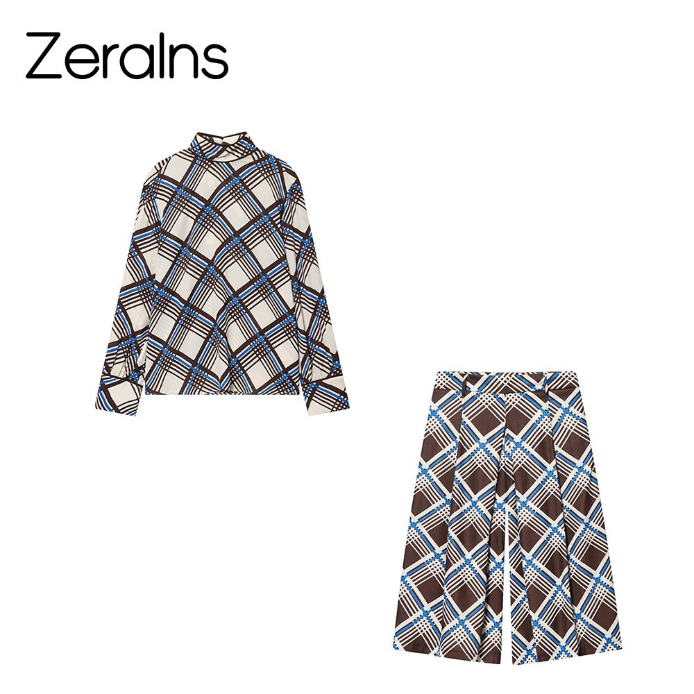 ZERAINS 2025 autumn new women's clothing loose casual temperament simple long sleeved plaid high neck shirt