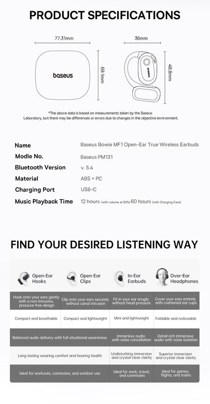 Baseus Bowie MF1/Eli 15i Fit Open-Ear Sport Wireless Earphones Bluetooth 5.4 EarHooks Big Bass Sport Earbuds 60Hrs Playtime