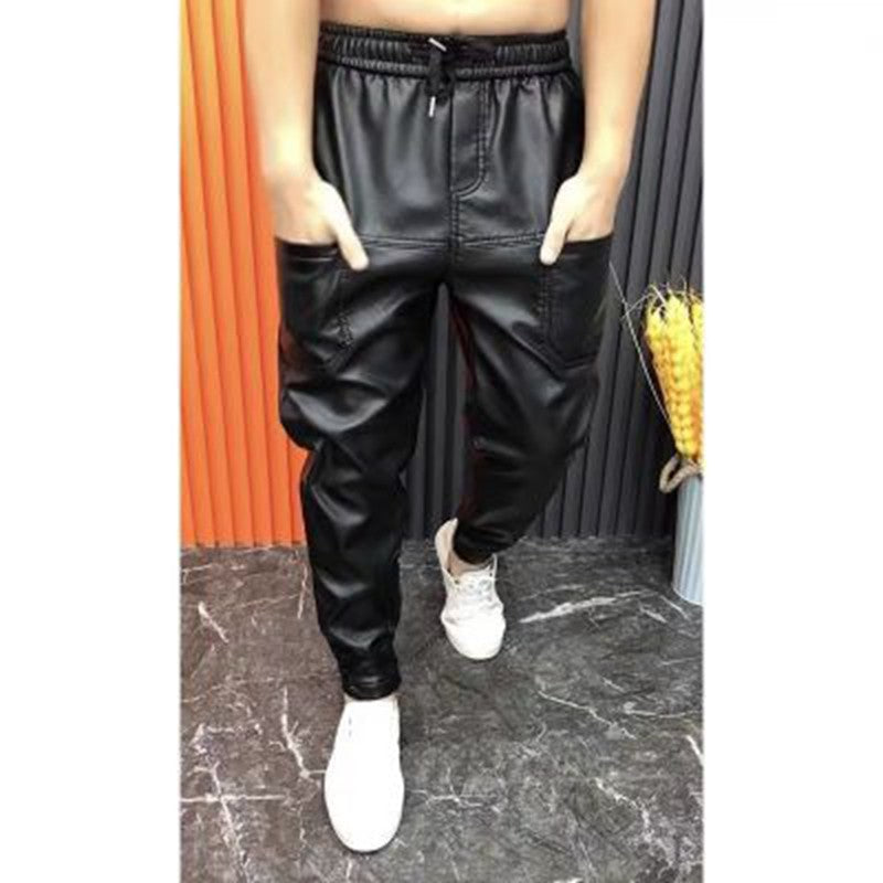 Men Leather Pants Elastic Waist Faux Leather Pants Men Joggers Zipper Pockets Black Streetwear Slim Pencil Pant Men Clothing