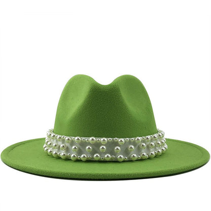 Chapéu Fedora De Lã Feminino Masculino Com Fita De Pérolas Cavalheiro Elegante Senhora Inverno Outono Aba Larga Igreja Panamá Sombrero Boné De Jazz 60CM