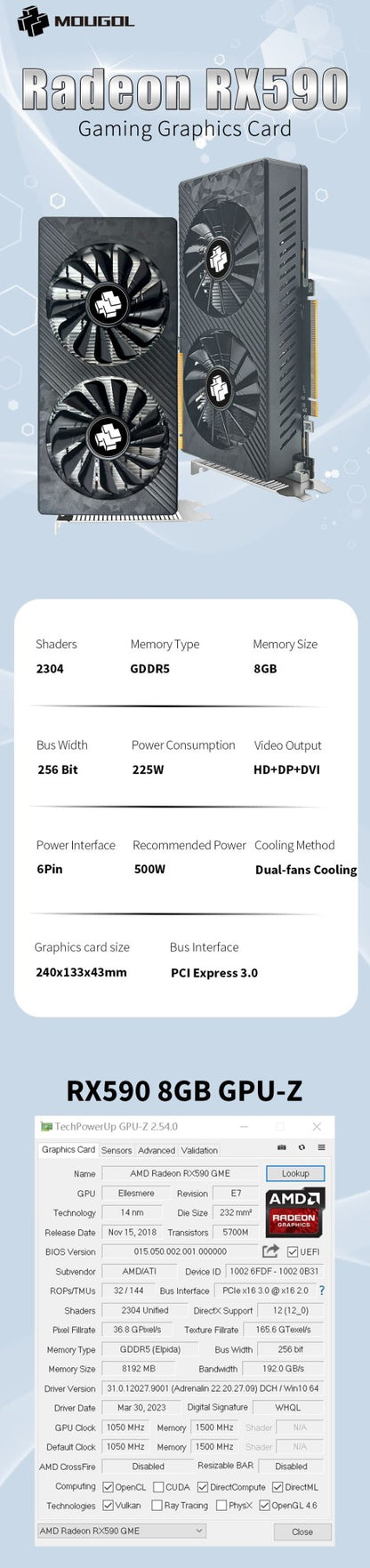 MOUGOL AMD Radeon RX590 GME 8G Placa de Vídeo GDDR5 2304 CUDA PCIE3.0x16 HDMI DP para Computadores Gamer