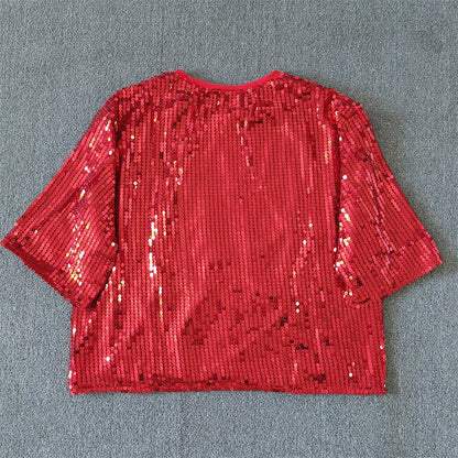CHIC European American Festival Xmas Tree Bow Women Sequined T-shirt Short Top Casual Jersey Girls Short Sleeves Tee Christmas