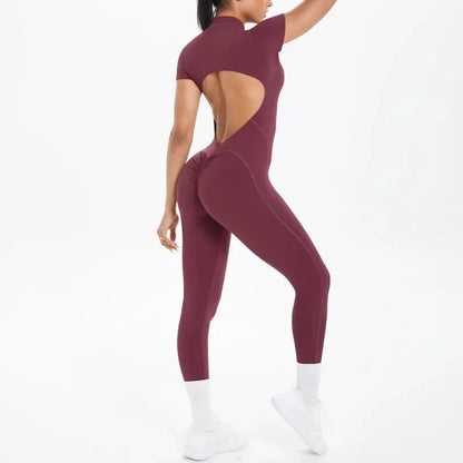 New Women's Yoga Jumpsuit Front Zipper Tight Back Hollow Out Short Sleeve-pants Activewear for Fitness Running Gym Workout