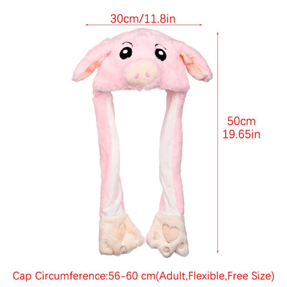 Women Girls Soft Warm Moving Jumping Rabbit Pinch Airbag Animals Ear Hat Funny Cap Plush