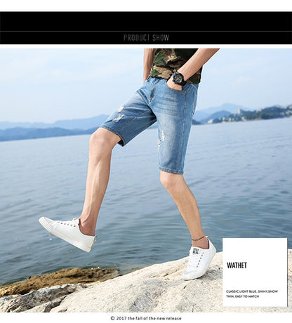 New Summer Men's Personalized Washable Perforated Denim Short Pants Male Casual Straight Short Jeans