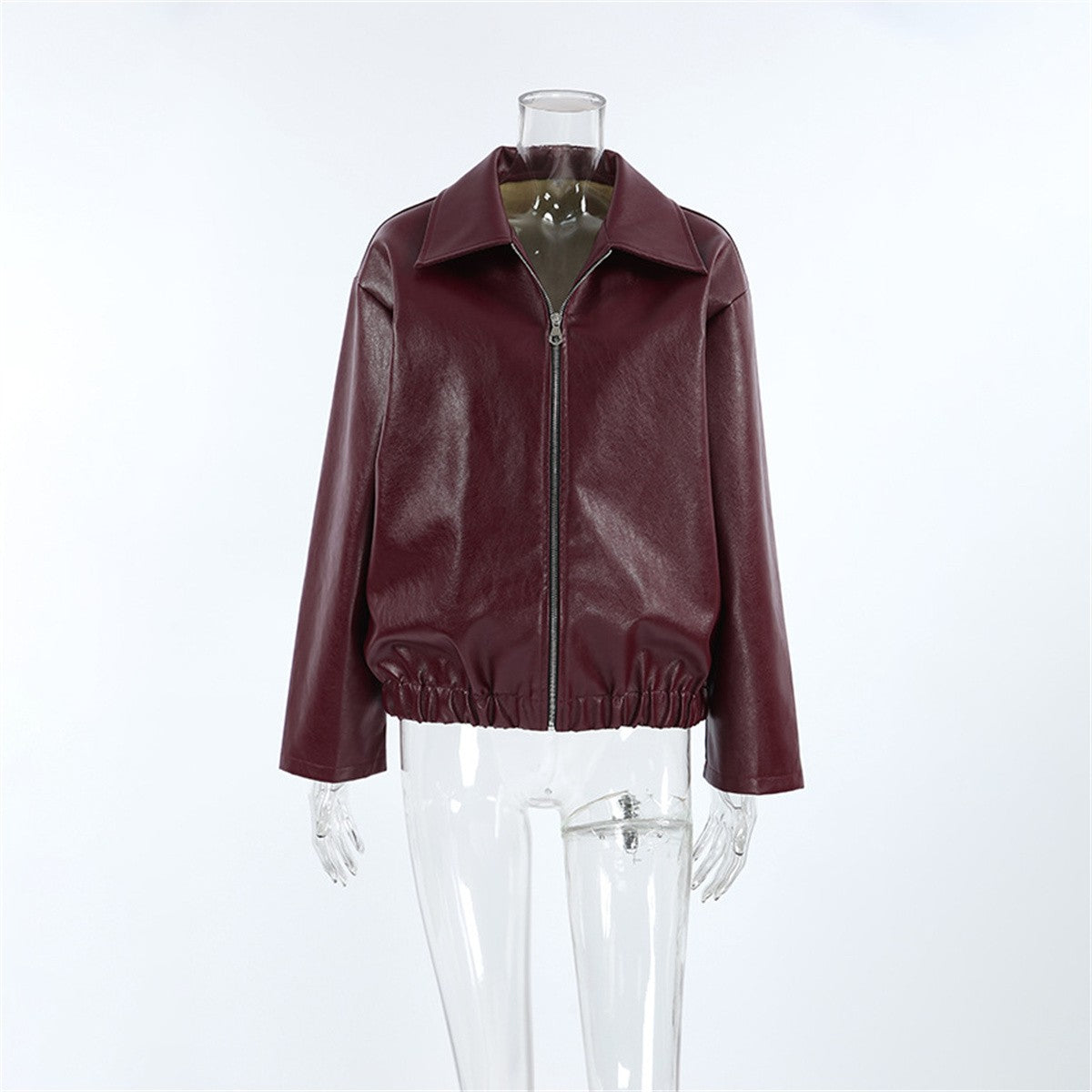 Jaqueta Feminina de Couro Sintético Vermelho Vinho Vintage, Casaco Moderno com Zíper e Lapela, Casacos de Outono Inverno, Blusas Curtas Femininas Estilo Streetwear