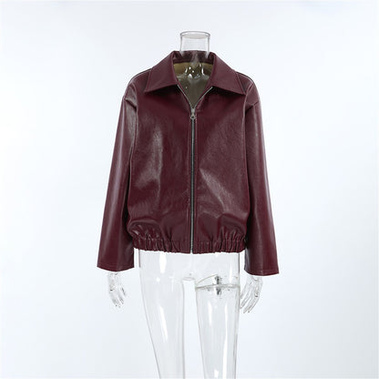 Jaqueta Feminina de Couro Sintético Vermelho Vinho Vintage, Casaco Moderno com Zíper e Lapela, Casacos de Outono Inverno, Blusas Curtas Femininas Estilo Streetwear