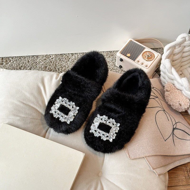 2025 Autumn Winter Children Warm Fur Shoes Fashion Rhinestone Moccasins Flats Outwear Girls Shoes Khaki, Beige, White