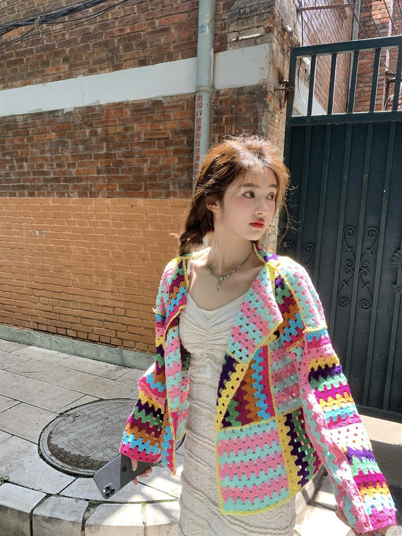 SALIENCY Colorful Crochet Knit Hollow Cardigan Sweater Jacket Women Spring Top Loose Short Knitwear