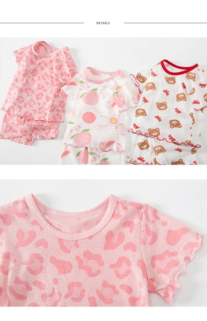 2Pcs 2025 Summer Kids Leopard Print Home Clothes Set Girls' Ice Silk Pajama Sets Baby Short Sleeve Shorts Tops Women' Loungewear