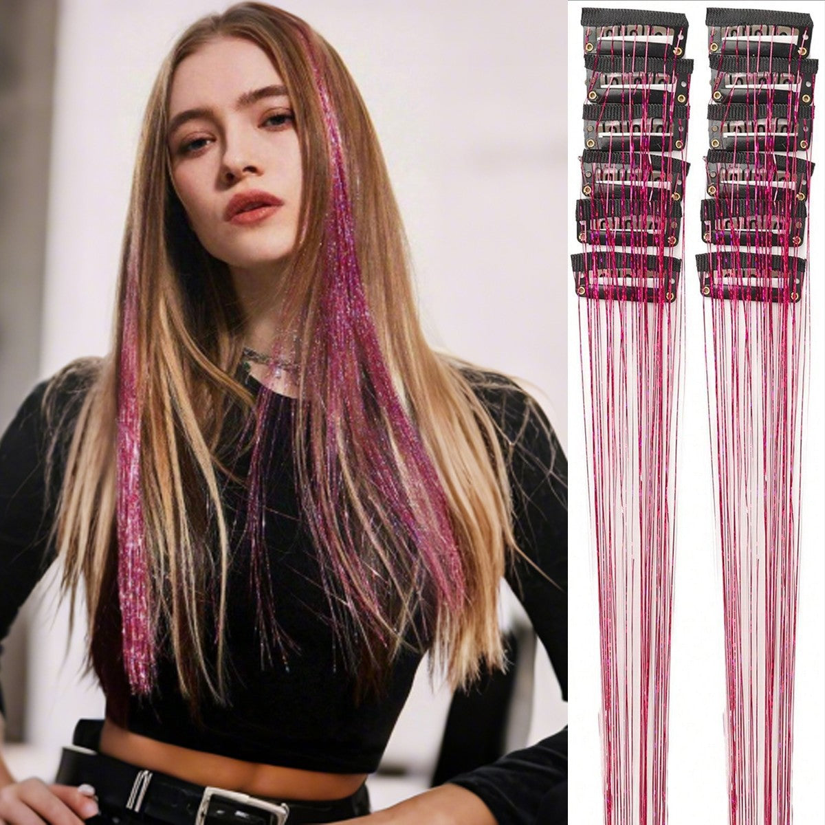 12 unidades/1 pacote 50 cm de extensões de cabelo sintéticas brilhantes, presilhas de cabelo cintilantes para trançar e enfeitar a cabeça de mulheres