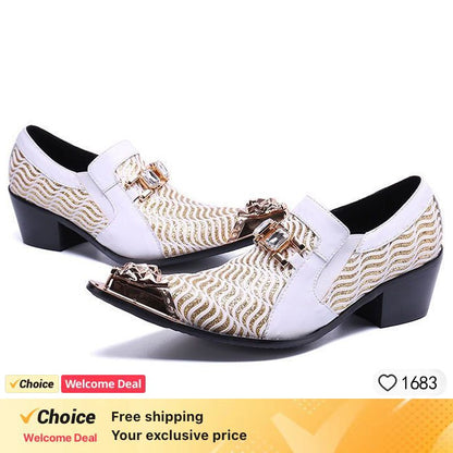 2024 Western Fashion Pointed Metal Toe Dress Shoes Blue Grey Party Wedding Leather Shoes for Men