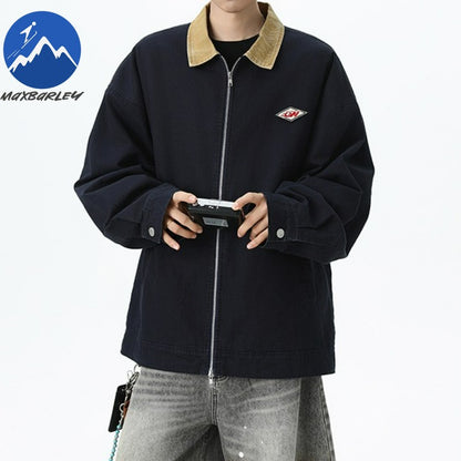 Maxbarley Trendy Cotton Jacket Men Autumn 2025 Hip-Hop Stitching Windproof Lapel Jackets K-Pop Antique Washed Motorcycle Coat