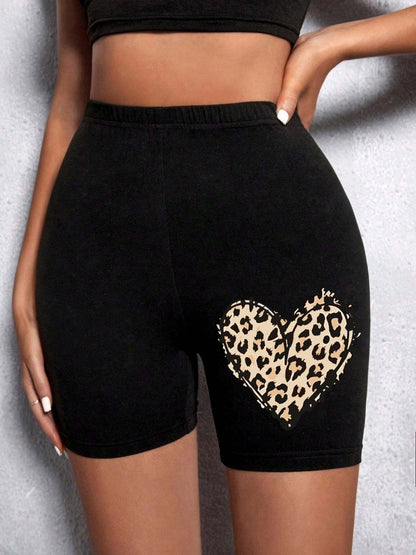 Summer Woman Tight Shorts Leopard Heart And Love Letter Graphic Print Fitness Short Pantssexy Soft Stretch Female Sport Swear