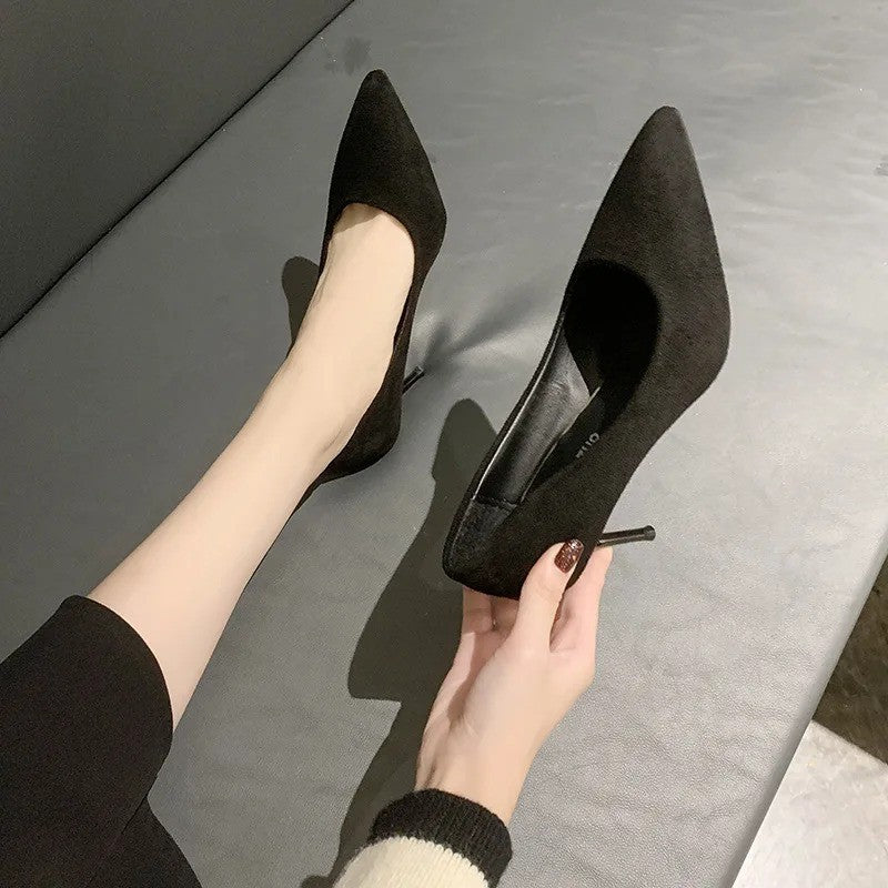 Primavera e outono novos sapatos femininos de salto alto preto, boca rasa pontiaguda fina com temperamento sexy, sapatos únicos, Zapatos De Mujer
