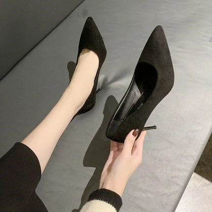 Primavera e outono novos sapatos femininos de salto alto preto, boca rasa pontiaguda fina com temperamento sexy, sapatos únicos, Zapatos De Mujer