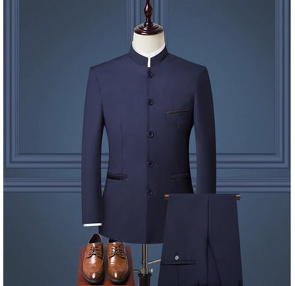 (Jacket+Pants) Men Fashion Simple Wedding Suit Black / Blue / Wine Red 2025 Homme Stand up Collar Business Social Dress 2Piece