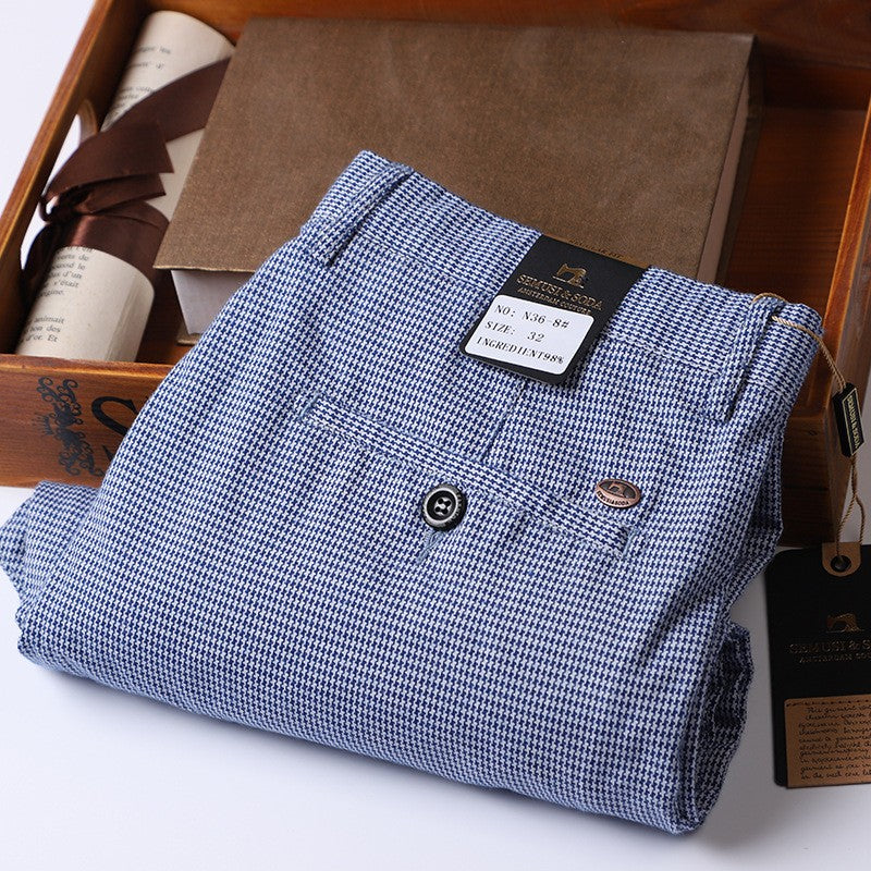 Summer Plaid Pants Men Slim Blue Suit Pants Men Stretch Business Formal Trousers Men