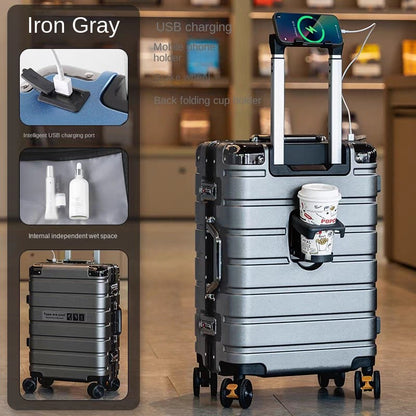 Malas de viagem aprimoradas: mala de 20 polegadas e mala de grande capacidade de 28 polegadas com rodinhas silenciosas com freio, porta-copos e porta de carregamento USB