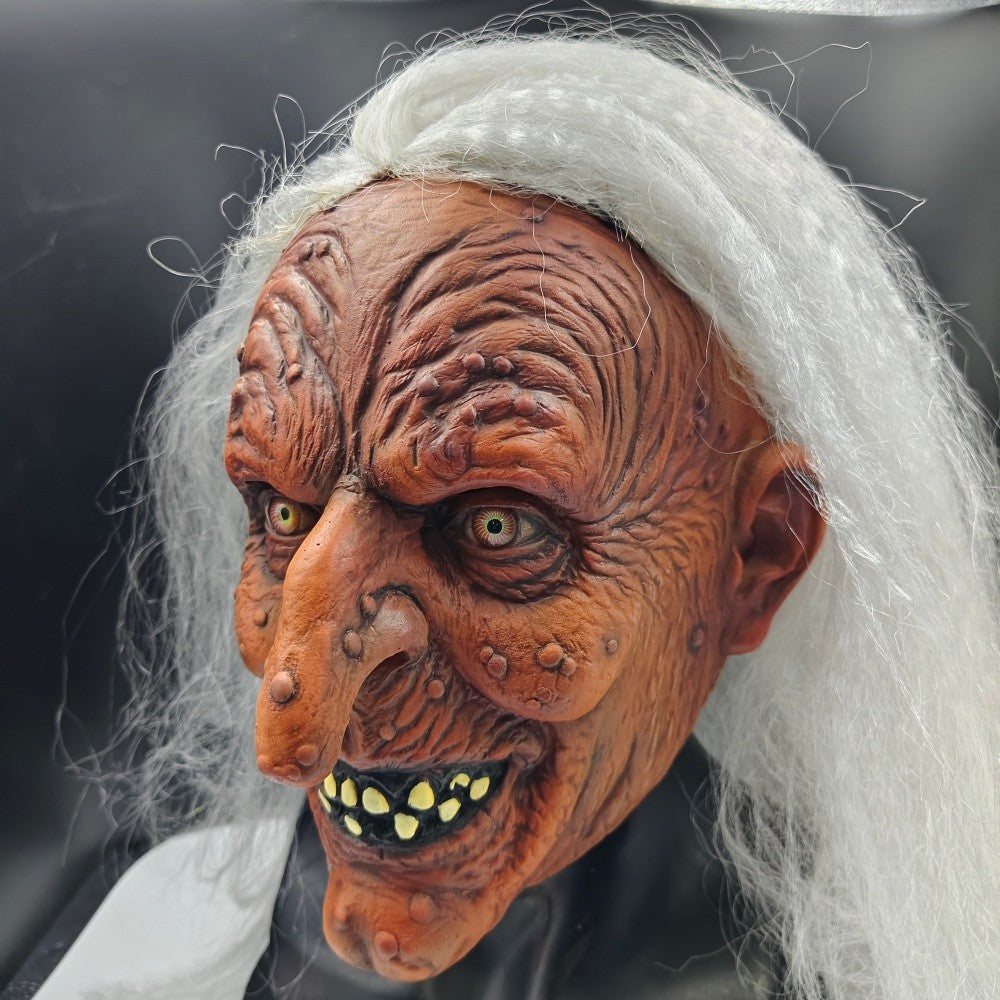 Creepy Witch Mask With Lifelike Wrinkles & Gray Hair - Halloween Scary Costume Accessory For Party/Haunted House/Cosplay