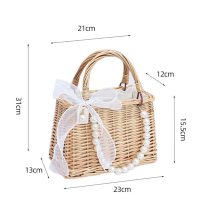 Straw Tote Hand Bags Summer Pearl Handle Handmade Knitted Handbag Storage Rattan Weaving Basket Shoulder Bag Women Girls