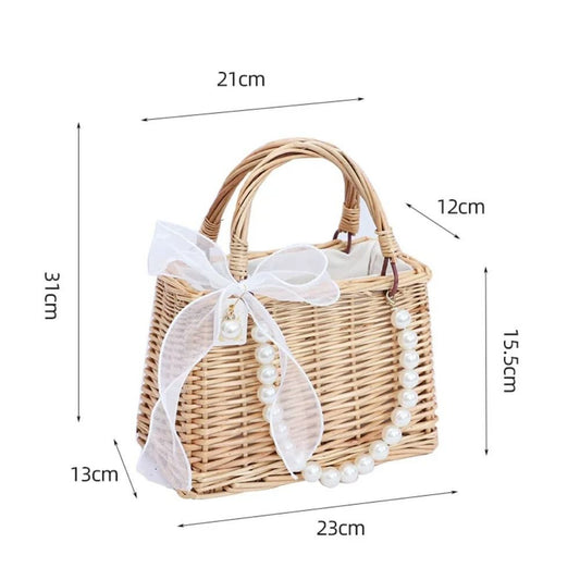 Straw Tote Hand Bags Summer Pearl Handle Handmade Knitted Handbag Storage Rattan Weaving Basket Shoulder Bag Women Girls