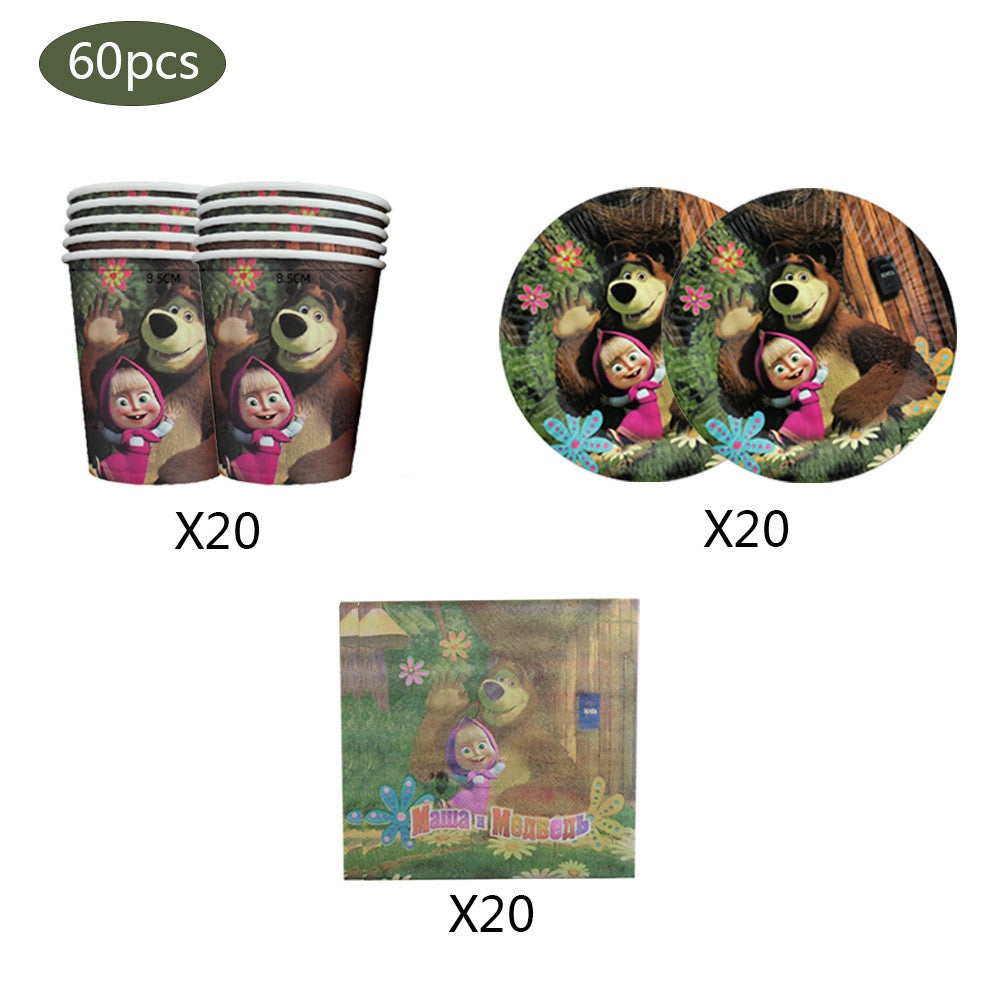 Masha and The Bear Theme Birthday Party Supplies Girls Masha Tableware Set Balloons Plates Cups for Kids Party Baby Shower Decor