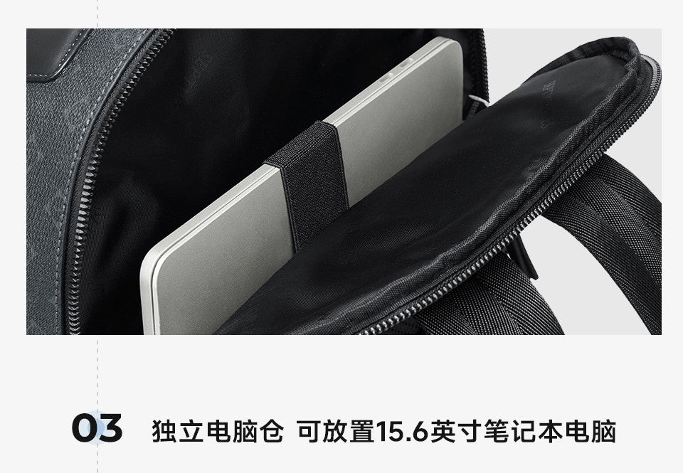 Septwolves Luxury Leather Backpack for Men Monogram Printed Stylish Laptop Backpack 15 Inch Travel Bag Black Business Backpack