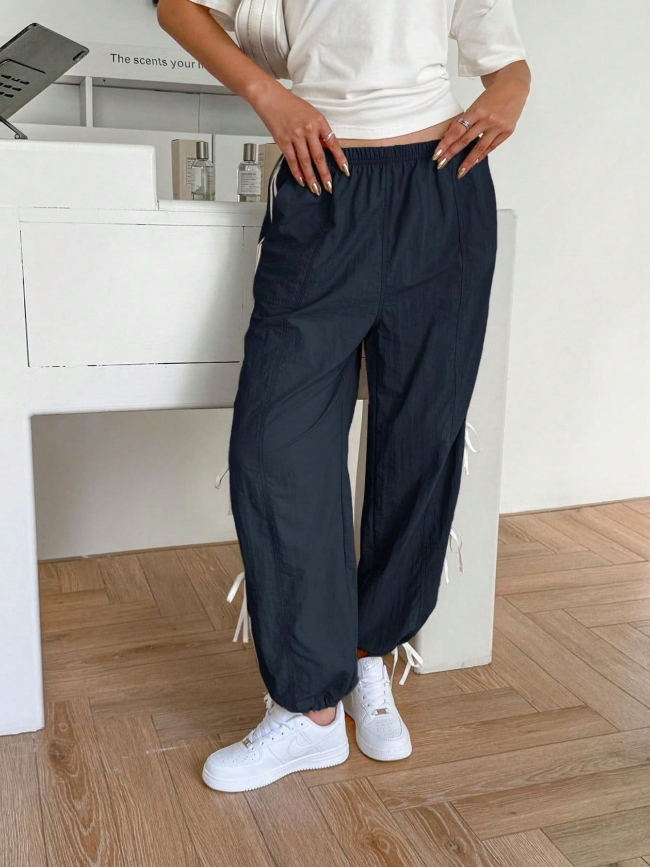 Fisoew Womens Wide Leg Track Pants Casual Elastic Waist Bow Tie Y2K Baggy Sweatpants with Pockets