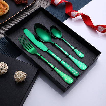 Conjunto de talheres de aço inoxidável com 4 peças Garfo, Faca e Colher com estampa de Flocos de Neve e Árvore de Natal