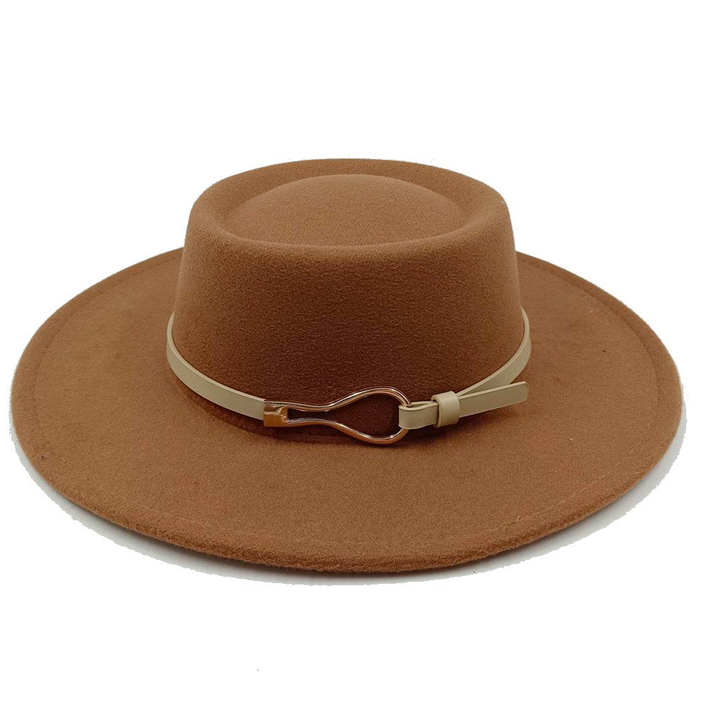 Acessórios femininos de fivela de couro metal com chapéu de feltro de pele com top côncavo e convexo, chapéu fedora e conjunto de bolsa combinando, estilo retrô