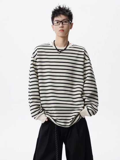 Lazy Style Striped Loose T Shirts Men's Long Sleeve All-match Youth Street Casual Tops Spring Autumn Korean Trend Men Clothing