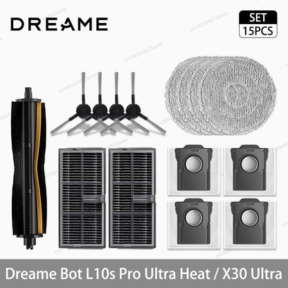 Acessórios para Robô Aspirador Dreame L10s Pro Ultra Heat / X30 Ultra: Escova Principal, Escova Lateral, Pano de Limpeza, Filtro Hepa, Saco de Pó, Peças de Reposição